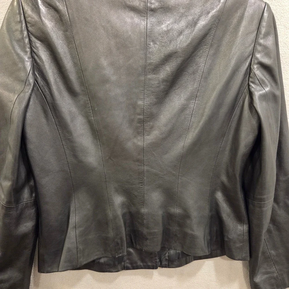 Talbots Black Leather Button Front Blazer Jacket Women's Size 6P Office Classic
